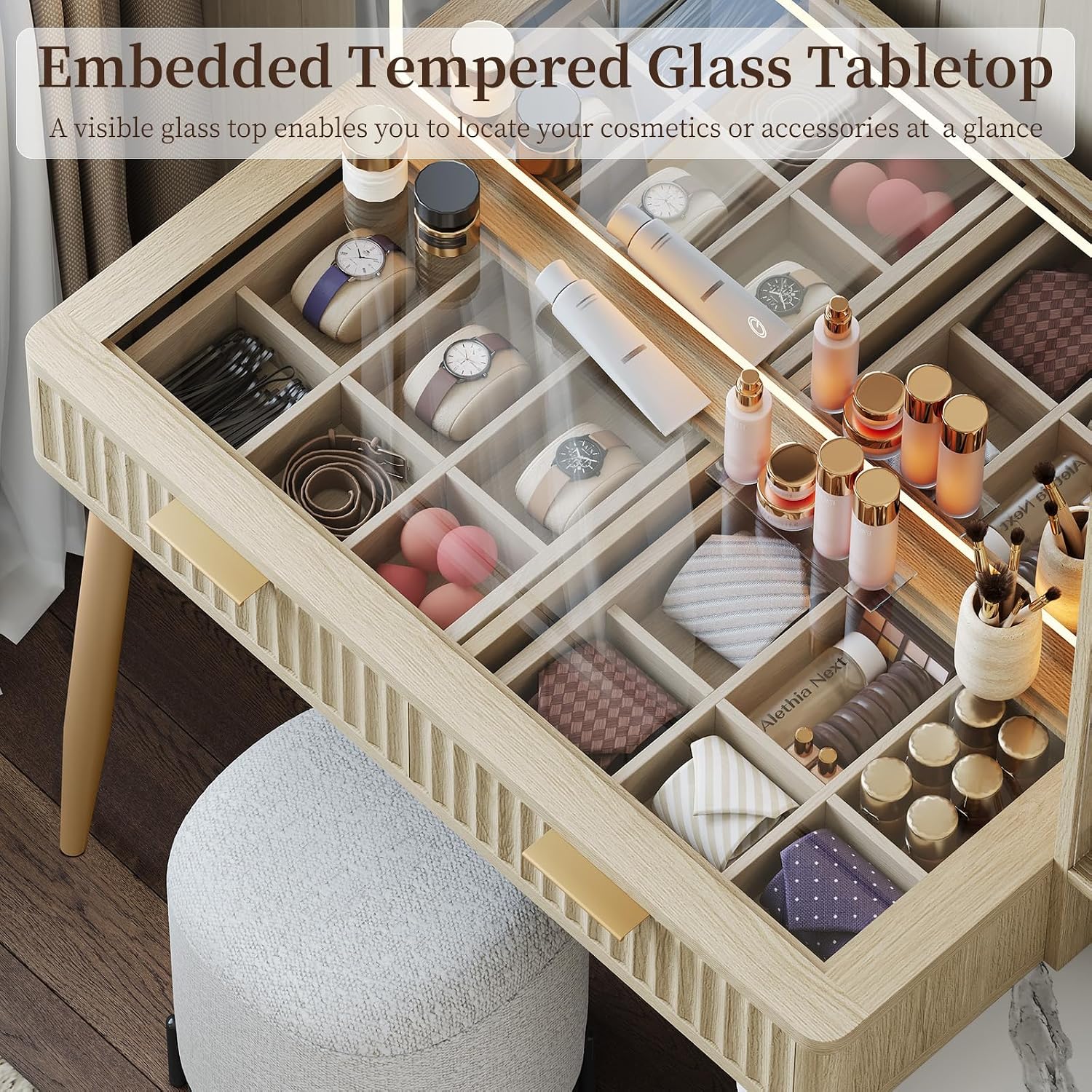 44'' Fluted Makeup Vanity Desk with 36" LED Mirror & Charging Station