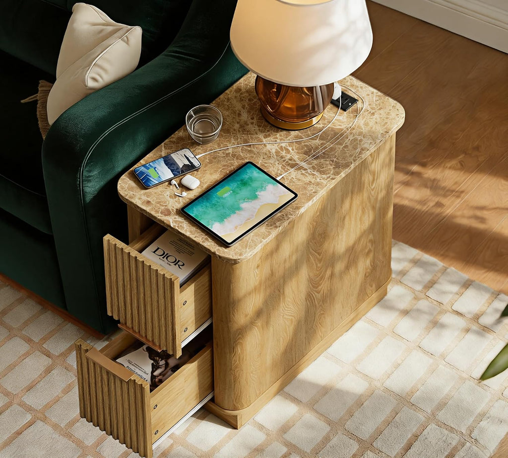 win2win Narrow End Table with Charging Station, Fluted Side Table with Faux Marble Top, Skinny Modern Boho Nightstand, Small Bedside Table with Drawers & Storage for Living Room, Bedroom, Oak
