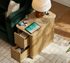 win2win Narrow End Table with Charging Station, Fluted Side Table with Faux Marble Top, Skinny Modern Boho Nightstand, Small Bedside Table with Drawers & Storage for Living Room, Bedroom, Oak