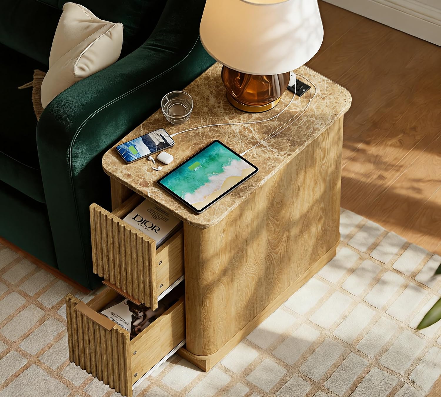 win2win Narrow End Table with Charging Station, Fluted Side Table with Faux Marble Top, Skinny Modern Boho Nightstand, Small Bedside Table with Drawers & Storage for Living Room, Bedroom, Oak