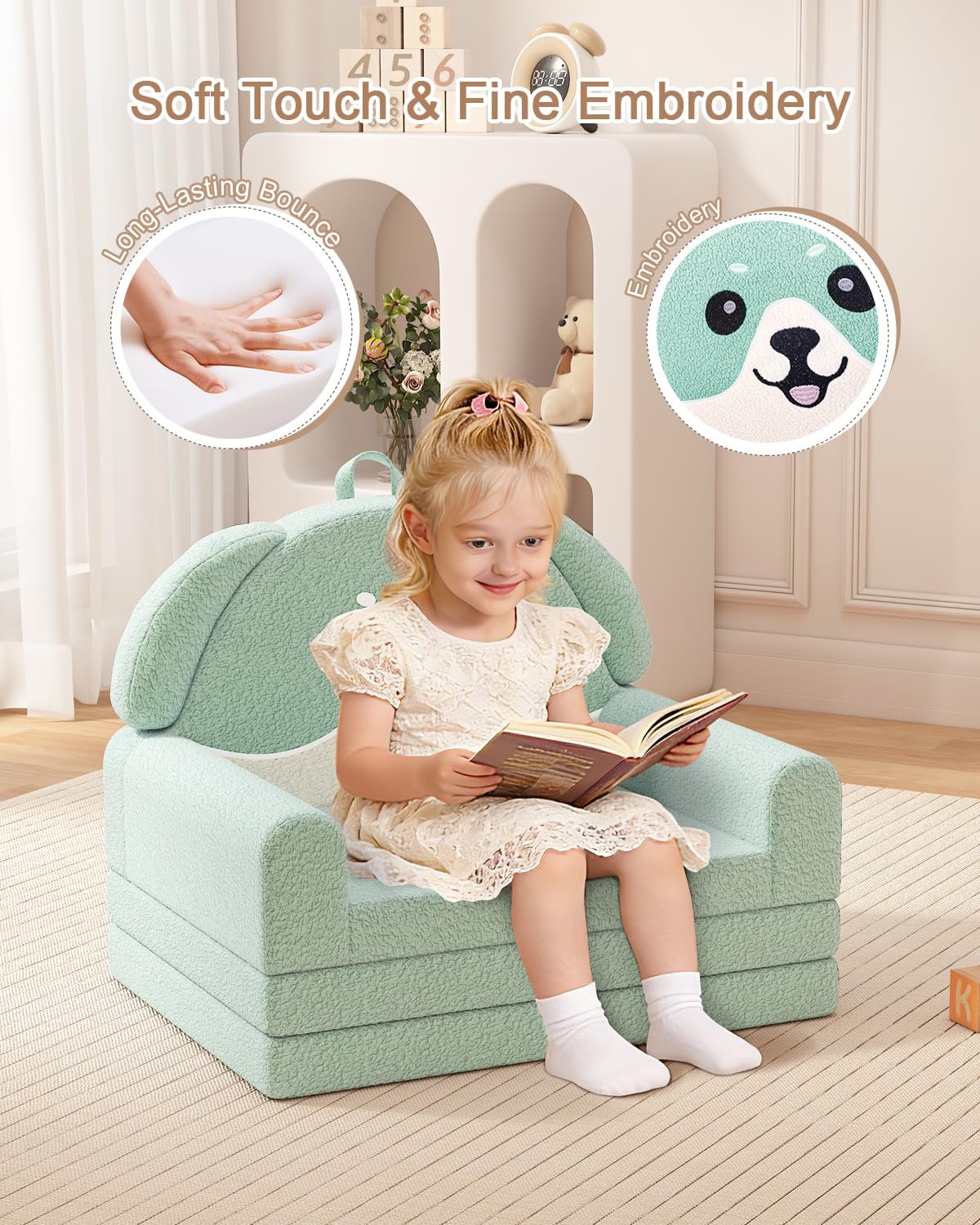 YACODAVO 2-in-1 Kids Couch, Soft Toddler Couch Fold Out for Girl and Boys, Dog Design Foldable Kids Sofa to Lounger, Convertible Kids Chairs Comfy, Gift for Birthday, Children's Day, Green