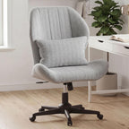 Criss Cross Chair with Wheels, Wide Cross Legged Chair with Lumbar Pillow & High Back, High-Density Foam Seat, Wing-Shaped Design for Home Office Desk Vanity Gray