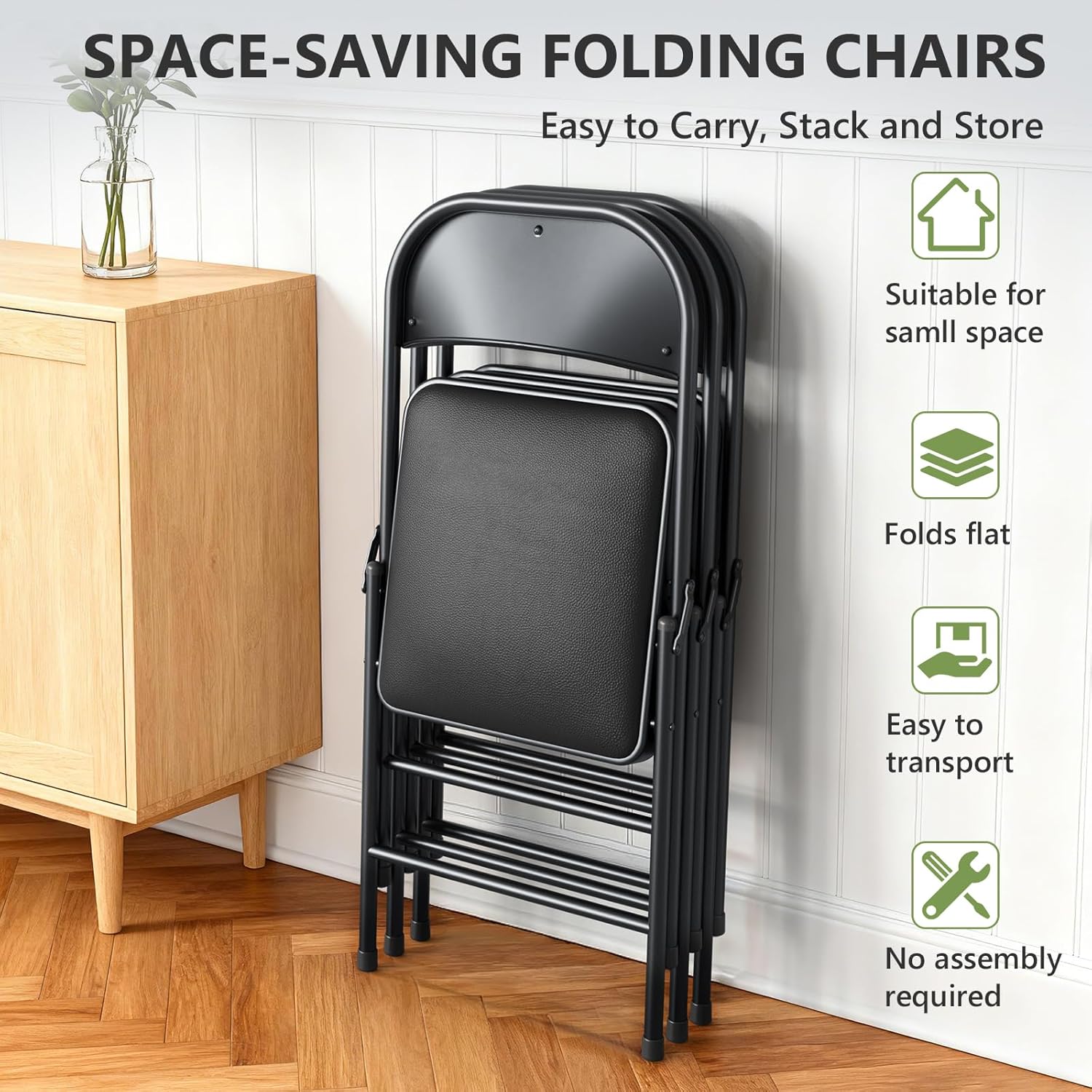 Folding Chairs 2 Pack, PU Leather Padded Folding Chairs for Outside and Indoor, Heavy Duty Portable Foldable Metal Commercial Seat for Home Office, Dorm, Party, Backyard, Lawn, Patio, Black