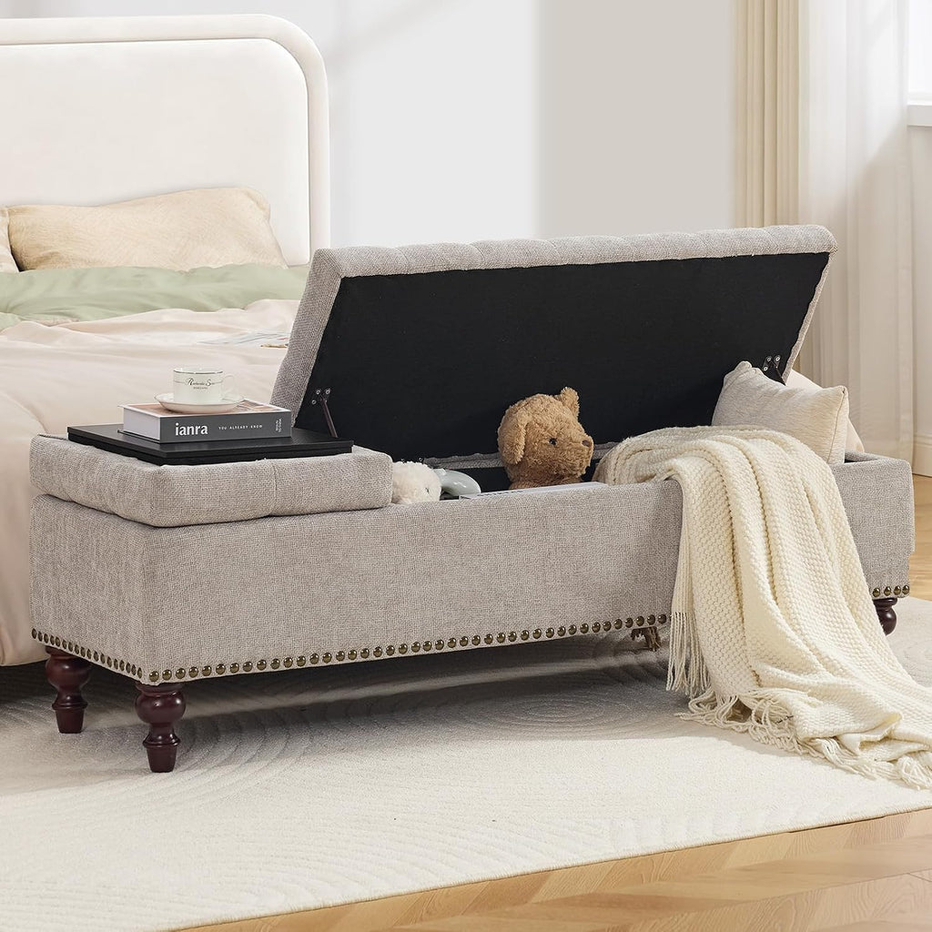55 Inch Storage Bench for Bedroom, Tufted Upholstered Ottoman with 2 Compartments and Wood Legs, Rectangular End of Bed Bench for King or Queen Size Bed, Light Grey Fabric