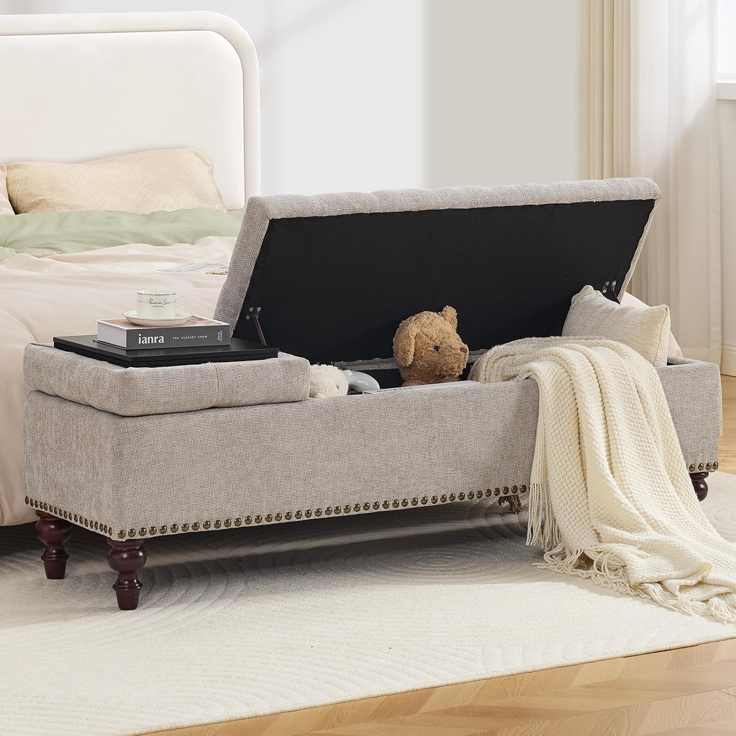 55 Inch Storage Bench for Bedroom, Tufted Upholstered Ottoman with 2 Compartments and Wood Legs, Rectangular End of Bed Bench for King or Queen Size Bed, Light Grey Fabric