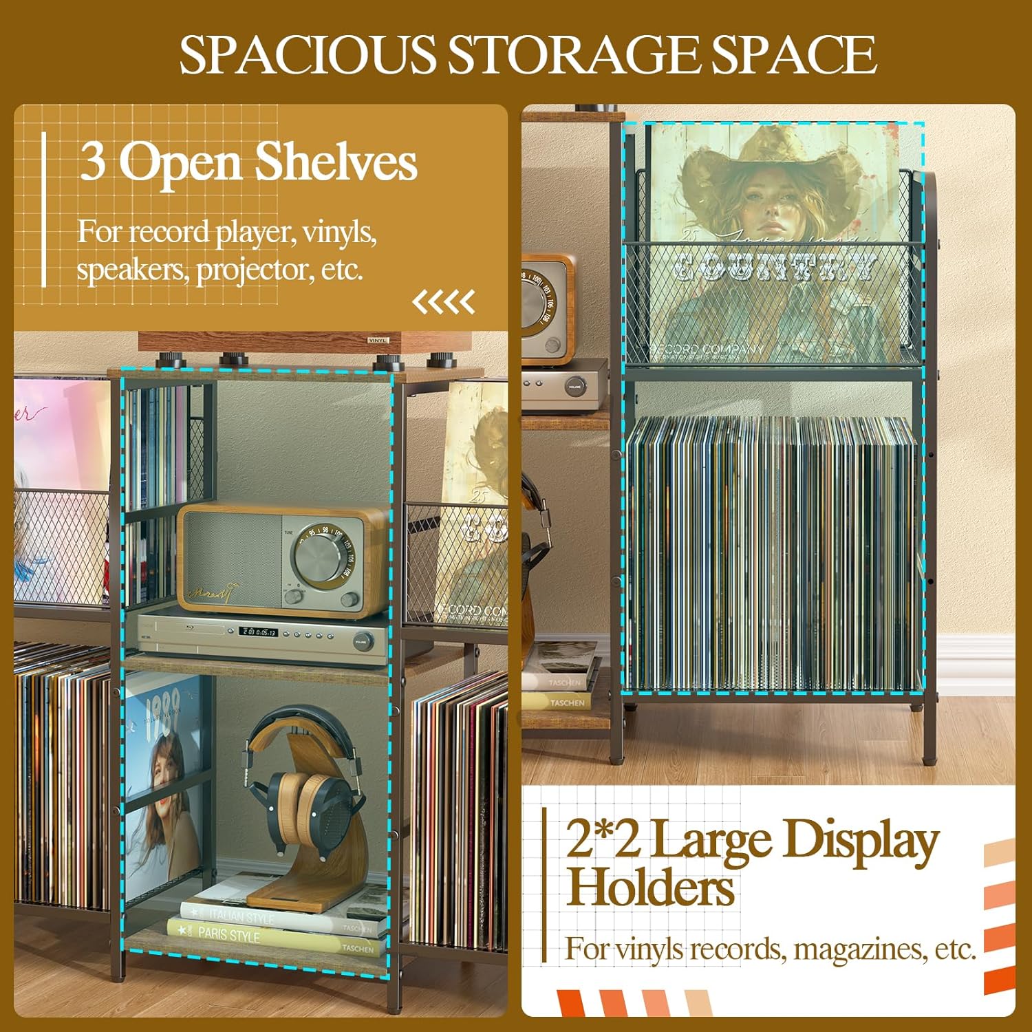 3IngSeagulls Record Player Stand with Vinyl Storage, Record Storage for 350+ Albums, Tuntable Stand with Record Holder for Living Room, Record Holder Vinyl Display Shelf