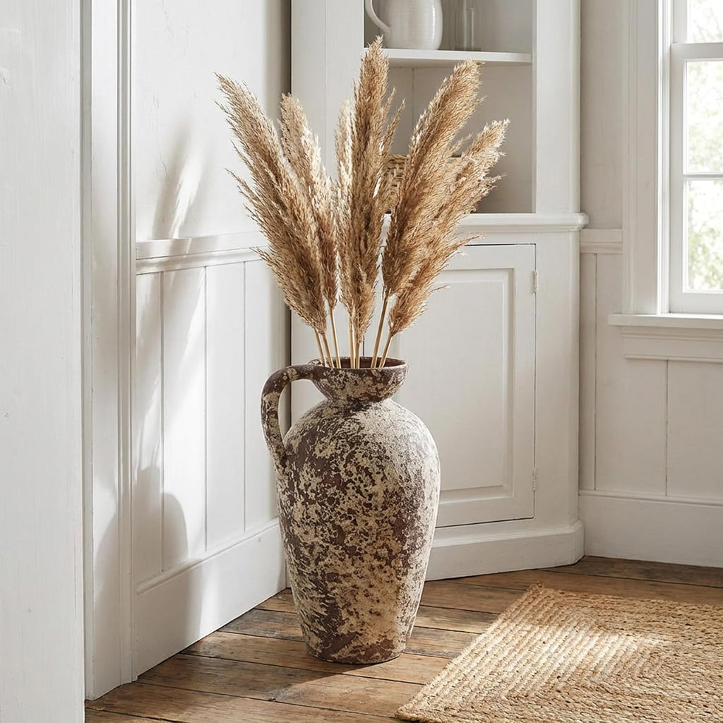 Brown Ceramic Rustic Farmhouse Vase Jug Pitcher with Handle, Distressed Antique Terracotta Pottery Flower Vase 14.2 Inch Handmade Large Floor Vintage Decorative for Home Living Room Decor