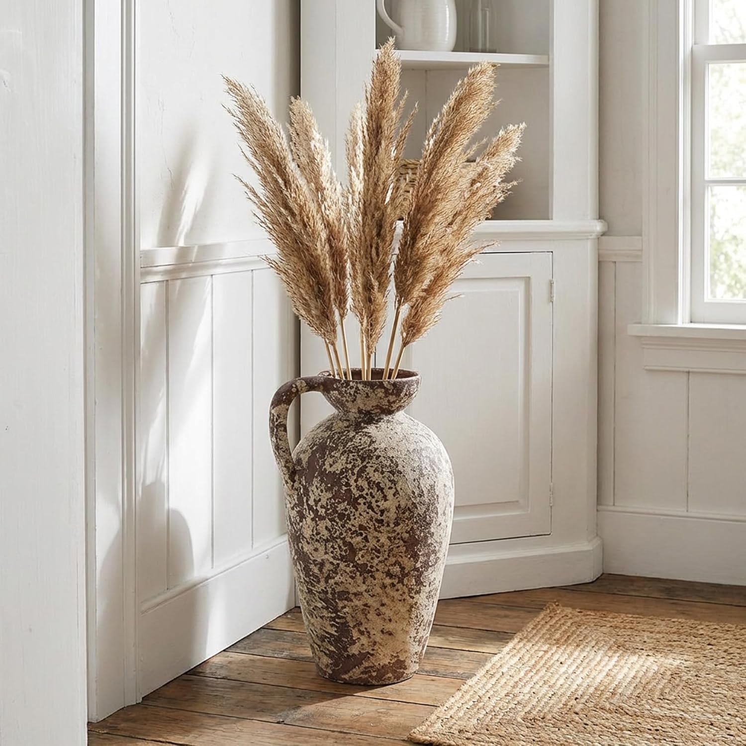 Brown Ceramic Rustic Farmhouse Vase Jug Pitcher with Handle, Distressed Antique Terracotta Pottery Flower Vase 14.2 Inch Handmade Large Floor Vintage Decorative for Home Living Room Decor
