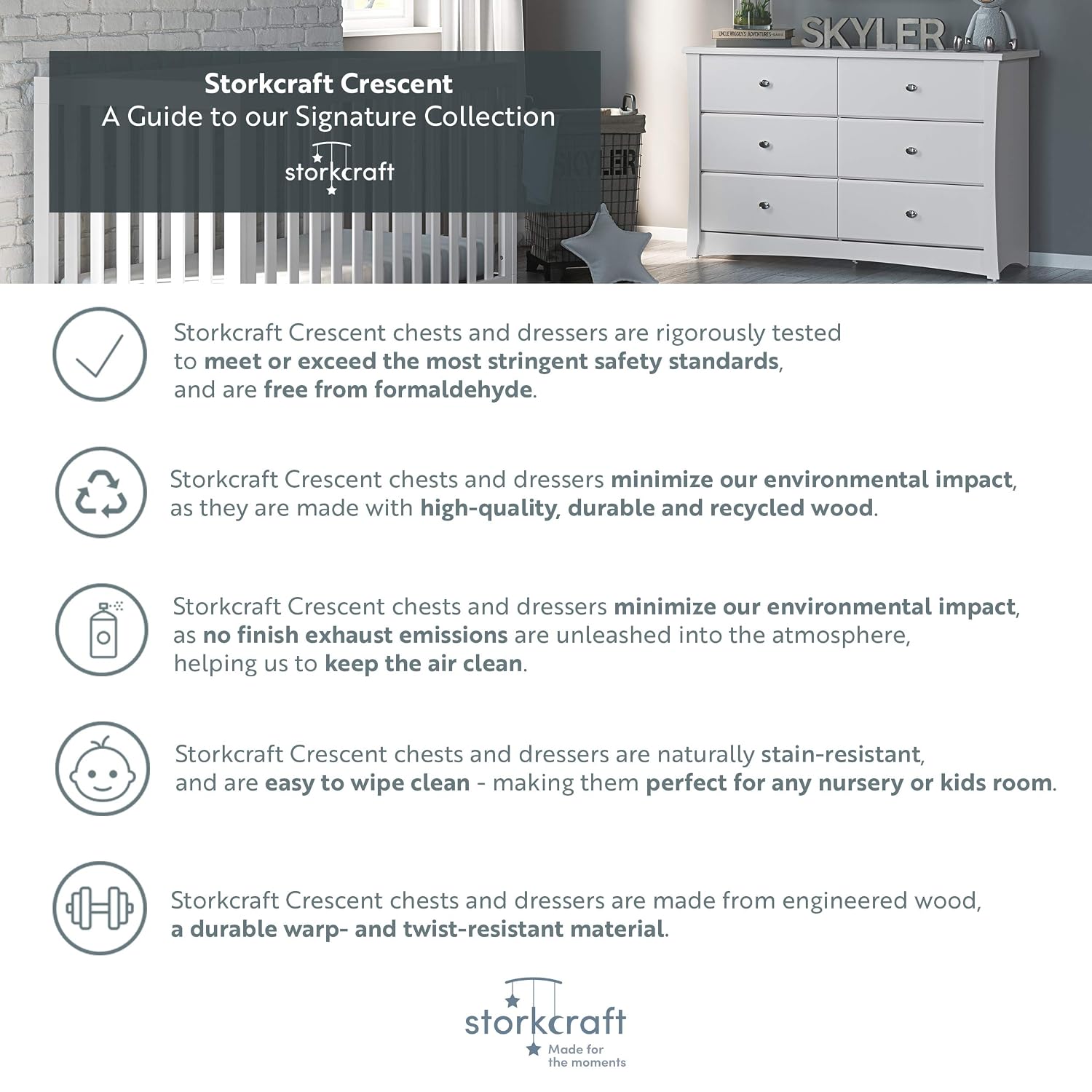 Storkcraft Crescent 6-Drawer Dresser, White | GREENGUARD Gold Certified, White Dresser for Bedroom, Kids & Nursery Storage Chest, Safety Interlocking Drawers, Kids Bedroom