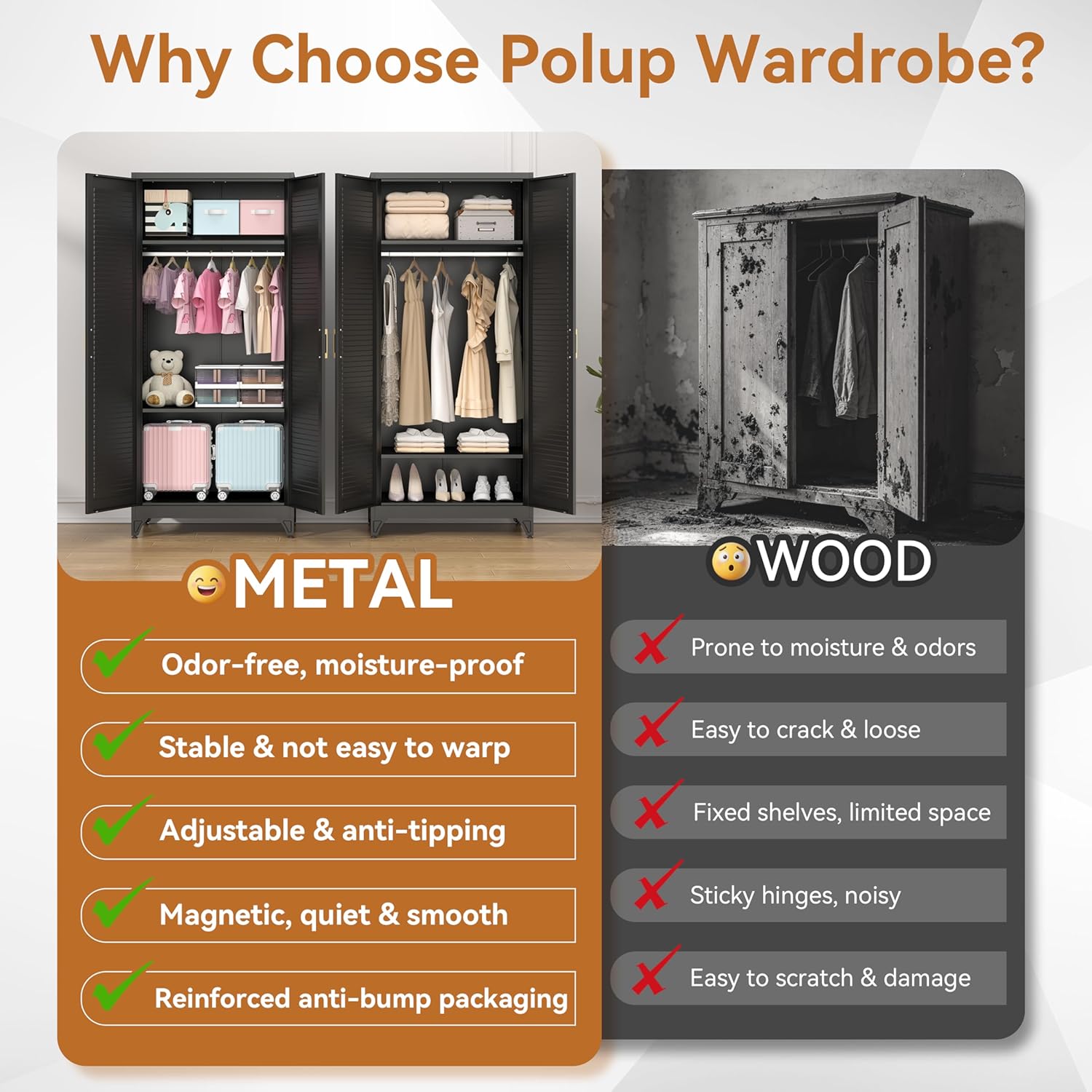 Polup 71" Tall Metal Armoire Wardrobe Closet with 2 Doors, Heavy Duty Steel Clothing Storage Cabinet with Hanging Rod & Adjustable Shelves, Freestanding Modern Locker Organizer for Bedroom, Office