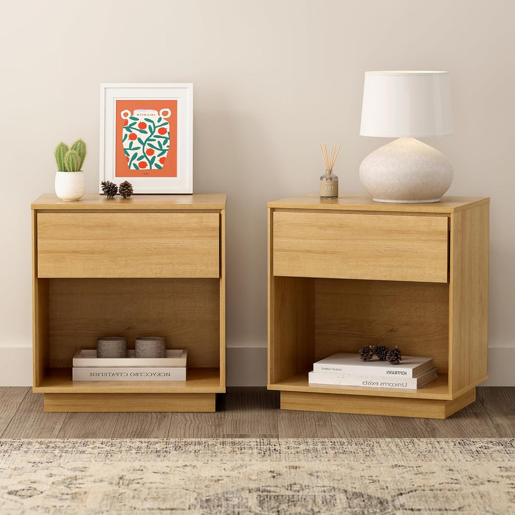 Wood End Side Table Modern Farmhouse Nightstand Bedside Cabinet with Storage Drawer and Open Shelf for Bedroom, Living Room, Natural Oak