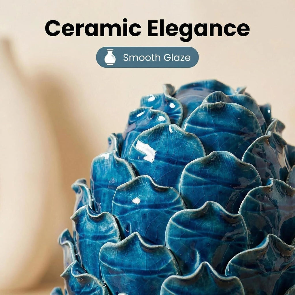 Blue Ceramic Artichoke Statue | Unique Artisanal, Decorative Sculpture, For Living Room, Office, Bookshelf