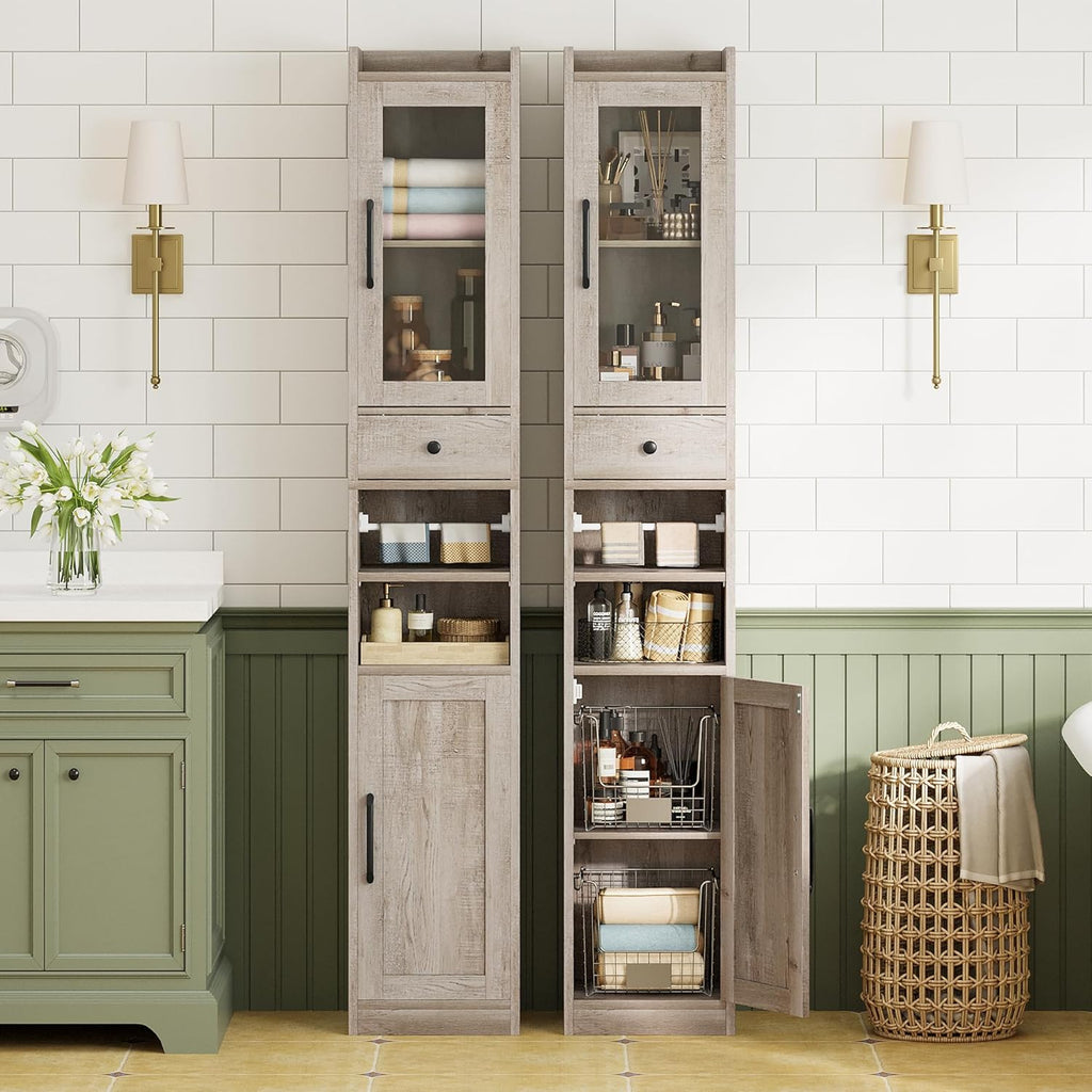 IRONCK Tall Bathroom Cabinet with Drawer and Door, 71" H Slim Freestanding Narrow Storage Cabinet with Adjustable Shelves, Retractable Toilet Paper Rod, for Small Spaces, 11.8" W Rustic Maple