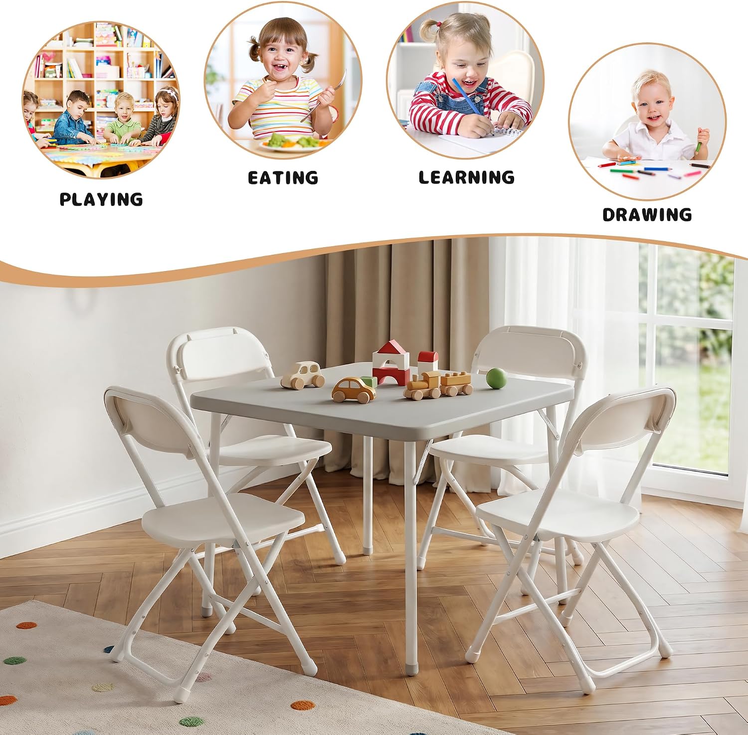 4 Pack Kids White Plastic Folding Chair with Metal Frame for Toddler&Children, Lightweight and Stackable Foldable Seats for Indoor, Outdoor, Classrooms, Desks, Parties, Events