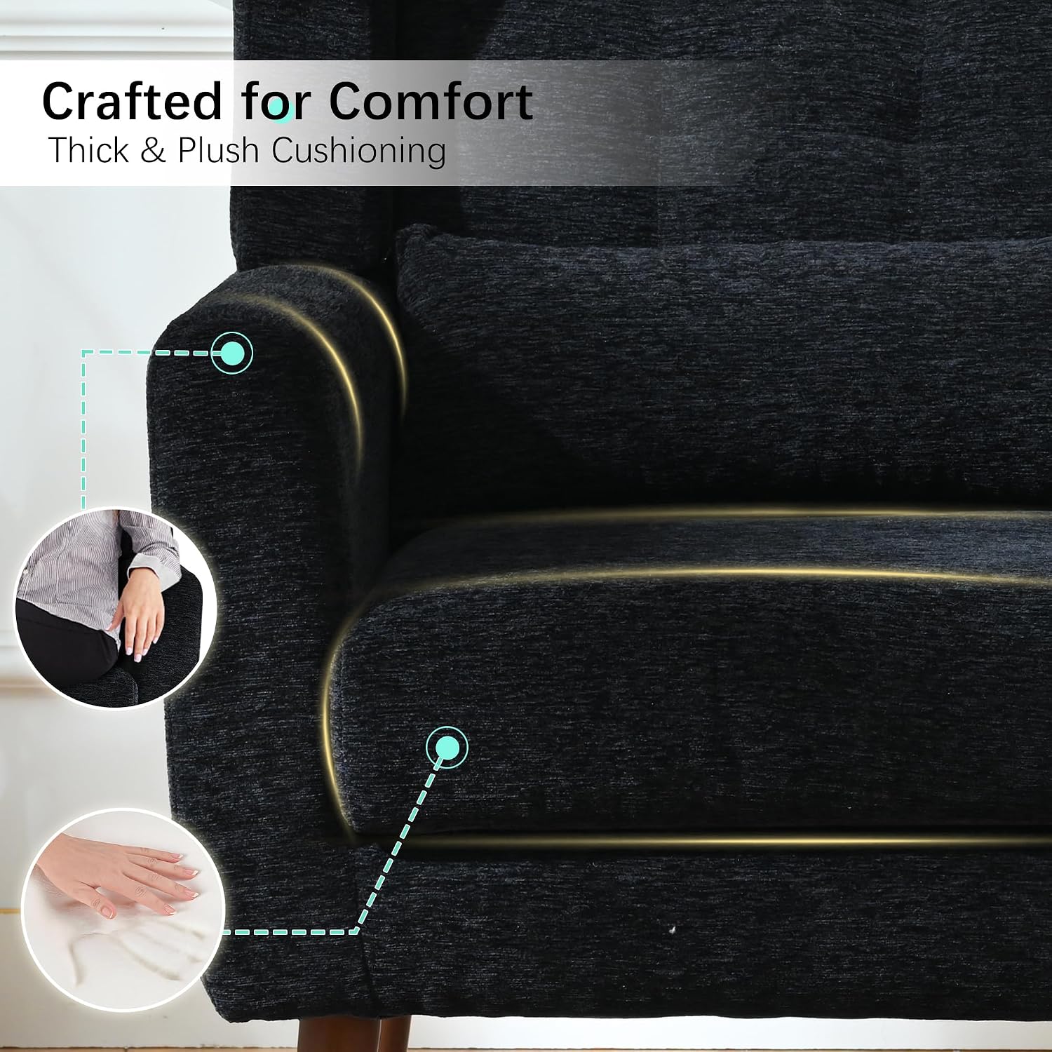 Modern Accent Chair Chenille Fabric Upholstered Tufted Side Chair Wingback Chair,Mid Century Reading Armchair with Waist Pillow Backrest for Living Room Bedroom (Black)