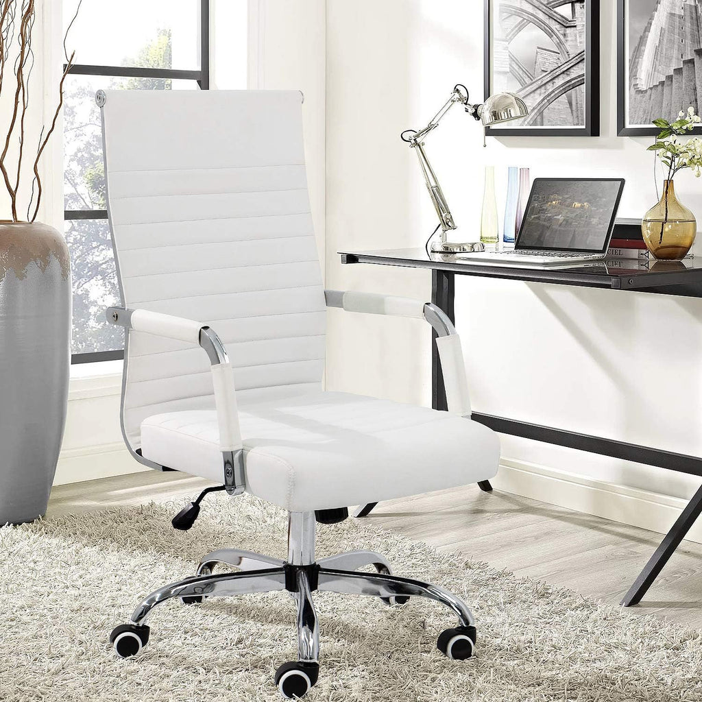 KaiMeng Ribbed Office Desk Mid Back Computer Chair Height Adjustable Conference Executive Task Swivel PU Leather (White)