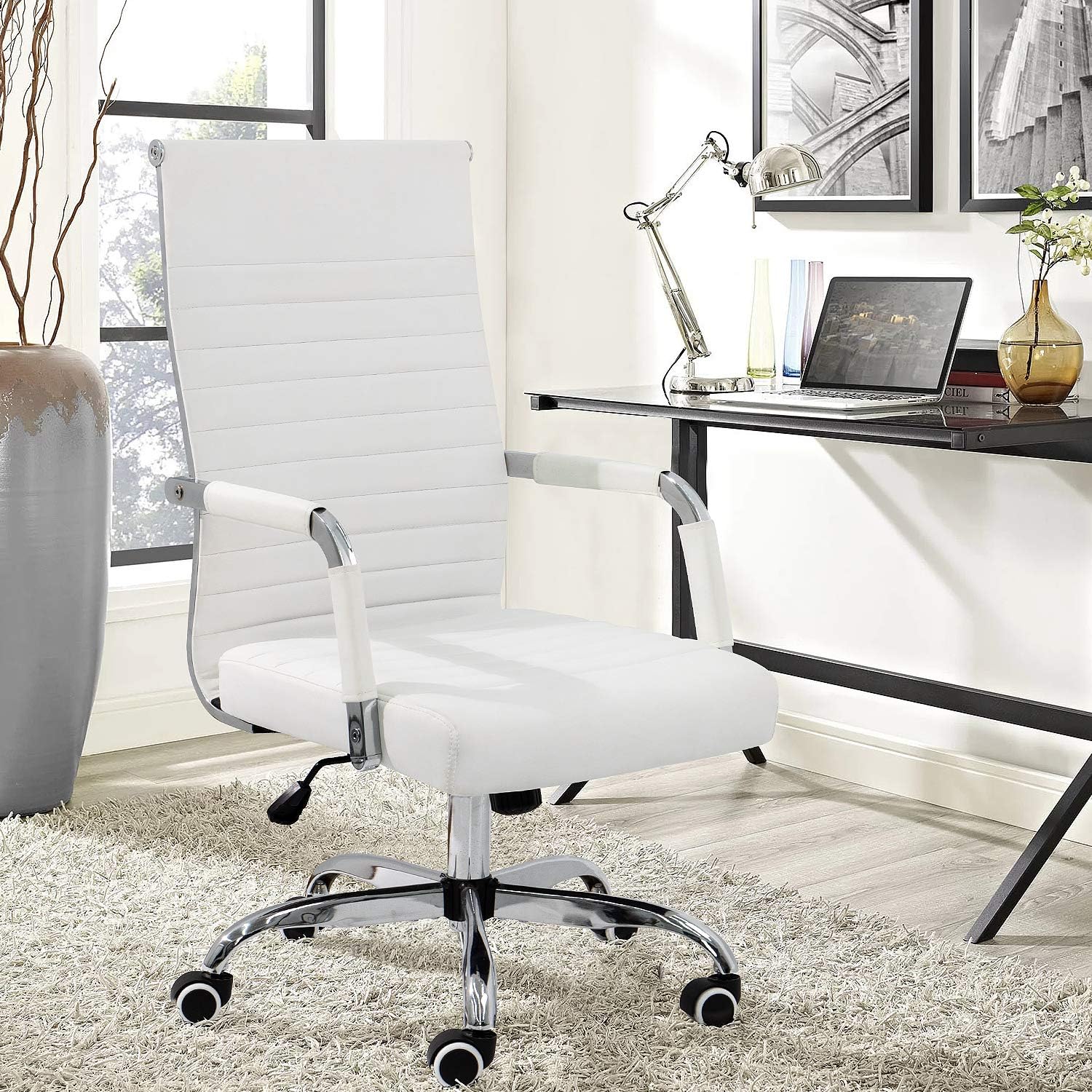 KaiMeng Ribbed Office Desk Mid Back Computer Chair Height Adjustable Conference Executive Task Swivel PU Leather (White)