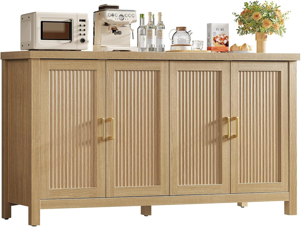 Buffet Cabinet with Storage, 63" Fluted Sideboard Cabinet with 4 Adjustable Shelves, Modern Coffee Bar with 4 Doors, Coffee Bar Cabinet for Kitchen, Living Room, Natural