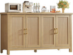 Buffet Cabinet with Storage, 63" Fluted Sideboard Cabinet with 4 Adjustable Shelves, Modern Coffee Bar with 4 Doors, Coffee Bar Cabinet for Kitchen, Living Room, Natural