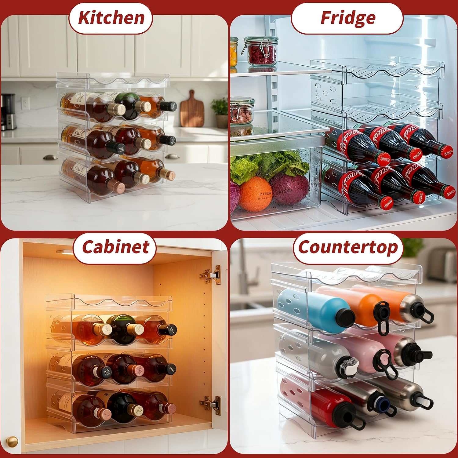 EZ COZY Wine Rack, 4 Tier Water Bottle Organizer for Cabinet (12 Bottles) | Clear Freestanding Wine Bottle Holder for Cabinet, Fridge, Pantry, Wine Rack for Inside Cabinet, Refrigerator, Countertop