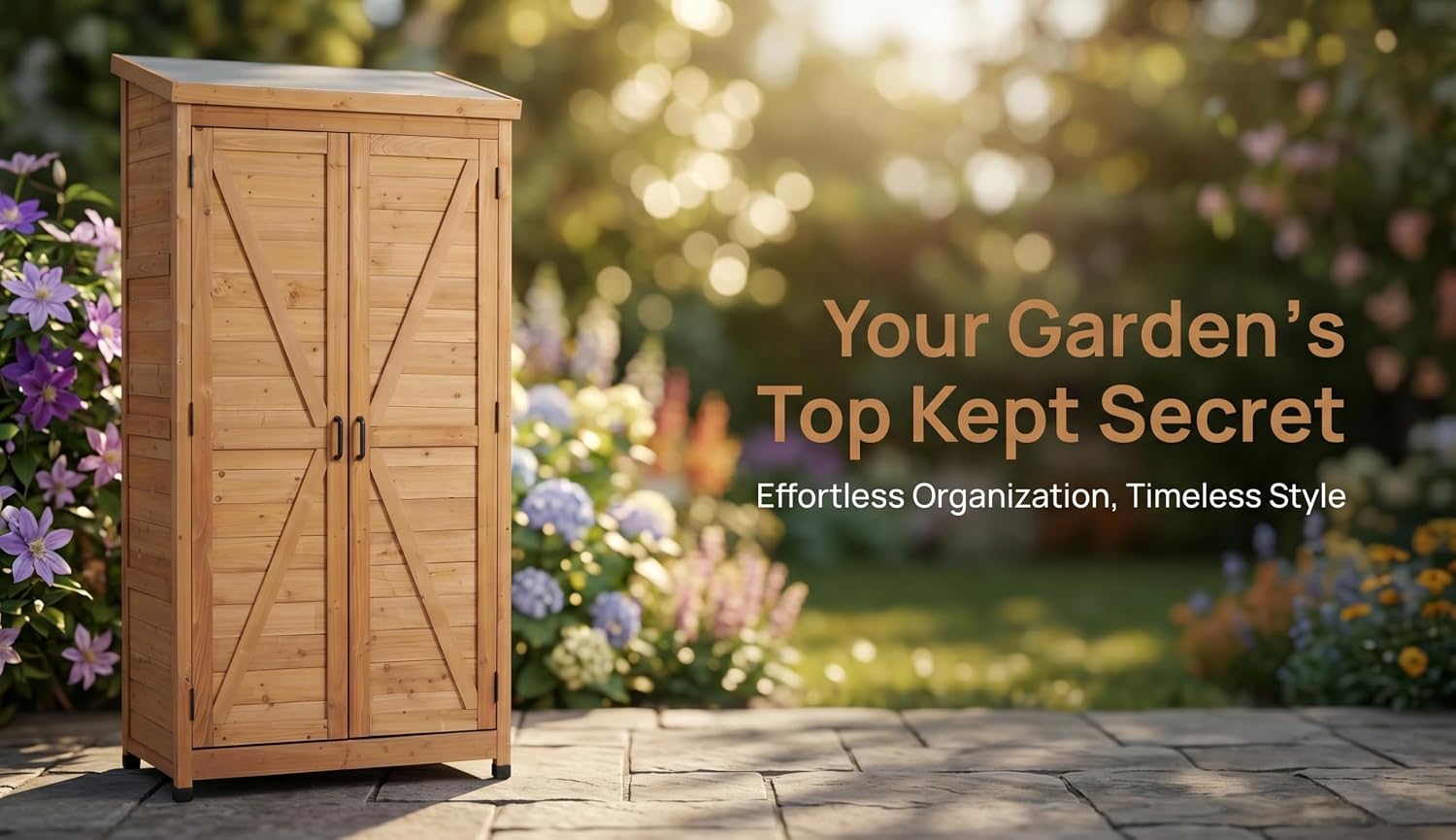 Outdoor Metal Top Wooden 3 Adjustable Shelves Storage Sheds Garden(Light Brown)