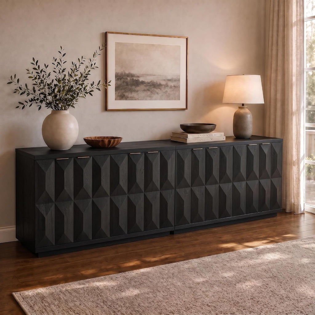 Brafab Buffet Cabinet, 118" Modern Mid-Century Credenza with 8 Doors, Wood Sideboard Cabinet with Geometric Doors for Living Room and Kitchen, Black