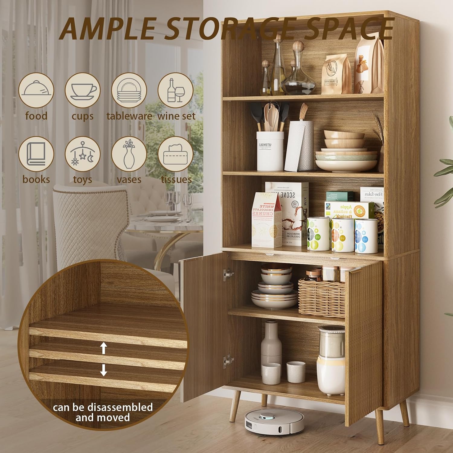 CARPETNAL Tall Storage Display Cabinet in Natural Oak- 70 Inch Bookshelf with Open and Closed Shelving - Modern Accent Cabinet for Living Room, Dining Room