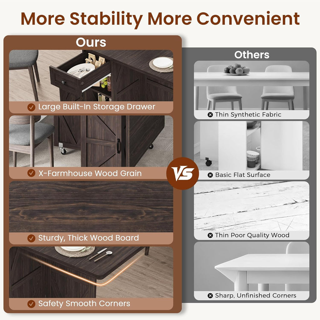 Jocoevol Folding Dining Table for Small Spaces, Space Saving Foldable Kitchen Table with Drawer & 2-Tier Storage Shelf, Rolling Expandable Dining Table with Wheels, Farmhouse, Dark Walnut