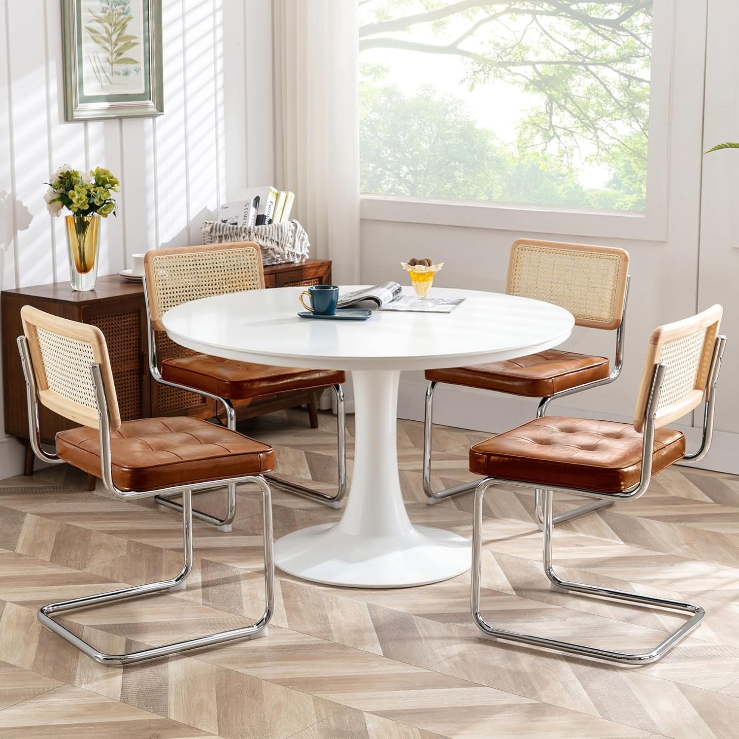 Zesthouse Natural Rattan Dining Chairs Set of 2, Mid Century Modern Dining Room Chairs with Chrome Leg, Faux Leather Kitchen Chair with Solid Wood Back & Cane Mesh, Breuer Cesca Design Inspired, Brown