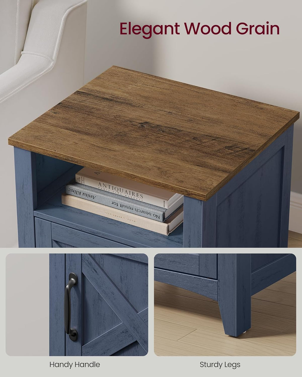 VASAGLE LIRY Collection - Farmhouse Nightstand, Barn Door, Set of 2, Bedside Table with Storage, Side End Table, Night Stand, Open Compartment, for Bedroom, Rustic Blue and Honey Brown ULET609Q101S-2J