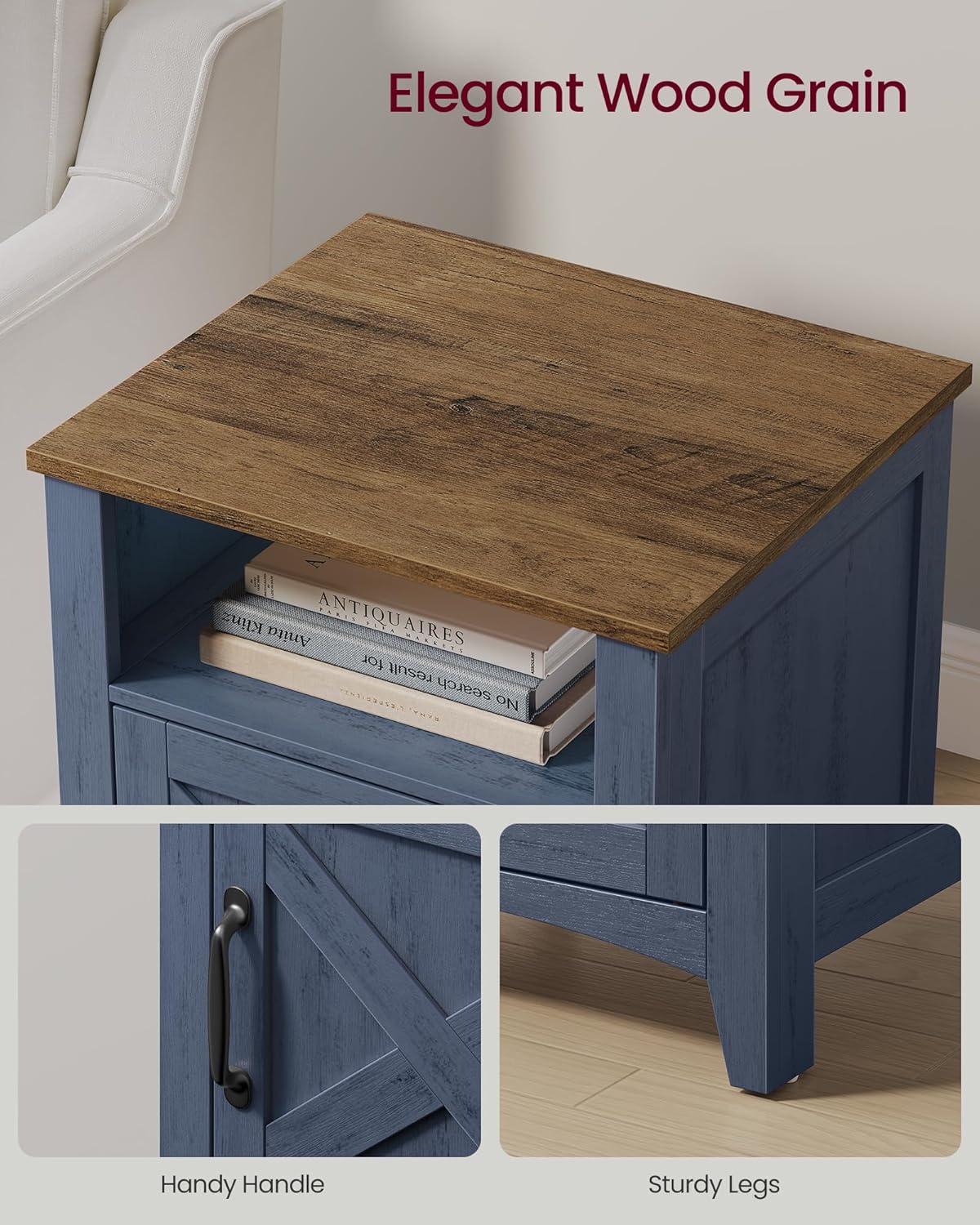 VASAGLE LIRY Collection - Farmhouse Nightstand, Barn Door, Set of 2, Bedside Table with Storage, Side End Table, Night Stand, Open Compartment, for Bedroom, Rustic Blue and Honey Brown ULET609Q101S-2J