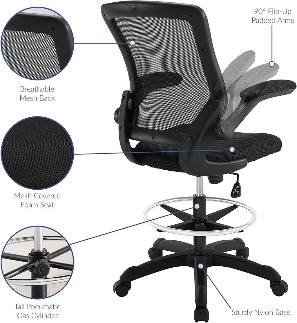 Pemberly Row Mesh Back Drafting Stool, Black Finish, Adjustable Height with Pneumatic Gas Cylinder, Flip-Up Arms, Foam Seat with Mesh Fabric, Ergonomic Tall Chair for Studio or Office Use