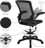 Pemberly Row Mesh Back Drafting Stool, Black Finish, Adjustable Height with Pneumatic Gas Cylinder, Flip-Up Arms, Foam Seat with Mesh Fabric, Ergonomic Tall Chair for Studio or Office Use