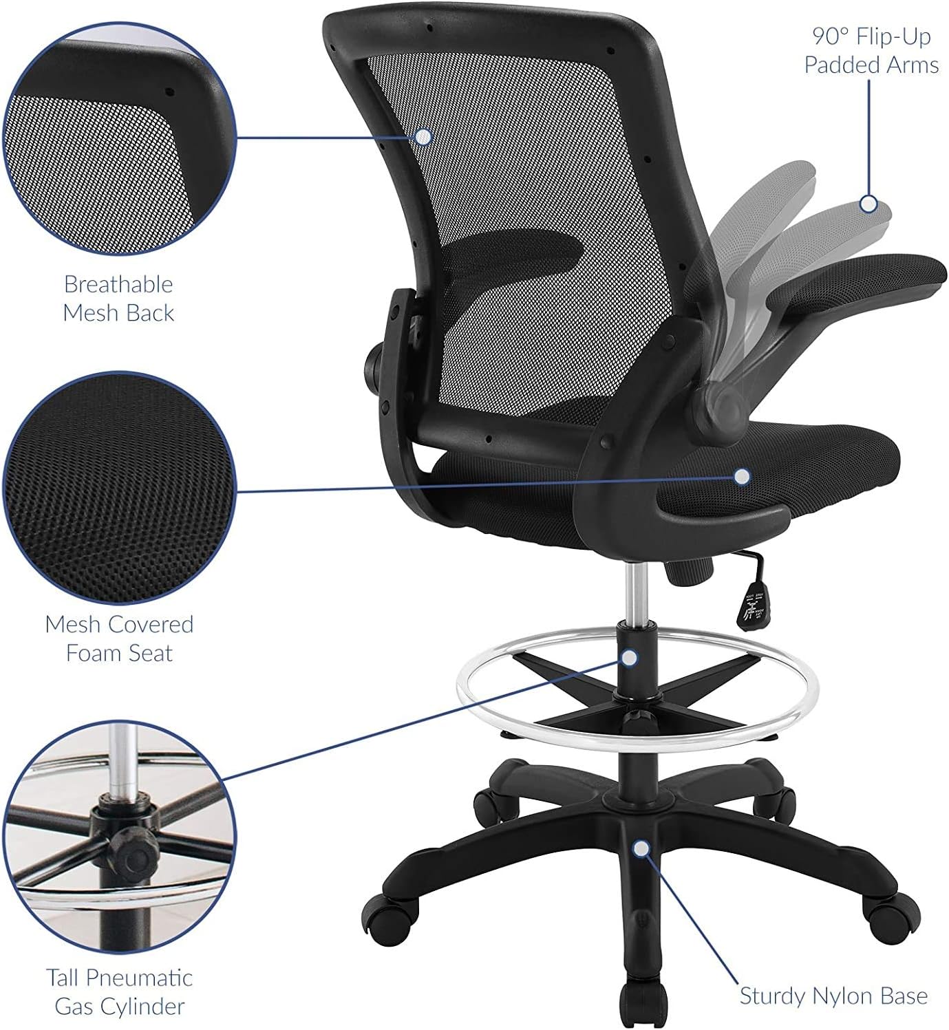 Pemberly Row Mesh Back Drafting Stool, Black Finish, Adjustable Height with Pneumatic Gas Cylinder, Flip-Up Arms, Foam Seat with Mesh Fabric, Ergonomic Tall Chair for Studio or Office Use