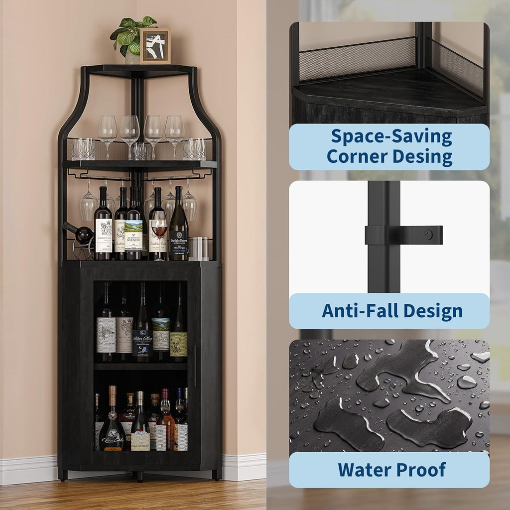 IDEALHOUSE Corner Bar Wine Cabinet with Glass Holder Wine Bar Rack Cabinet with Mesh Door & Glass Holder,Industrial Liquor Cabinet for Home, Kitchen, Dinning Room,Black