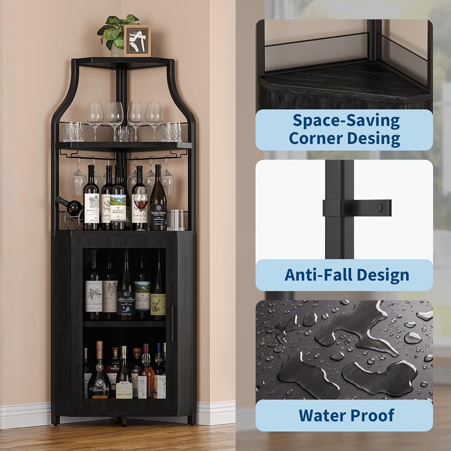 IDEALHOUSE Corner Bar Wine Cabinet with Glass Holder Wine Bar Rack Cabinet with Mesh Door & Glass Holder,Industrial Liquor Cabinet for Home, Kitchen, Dinning Room,Black