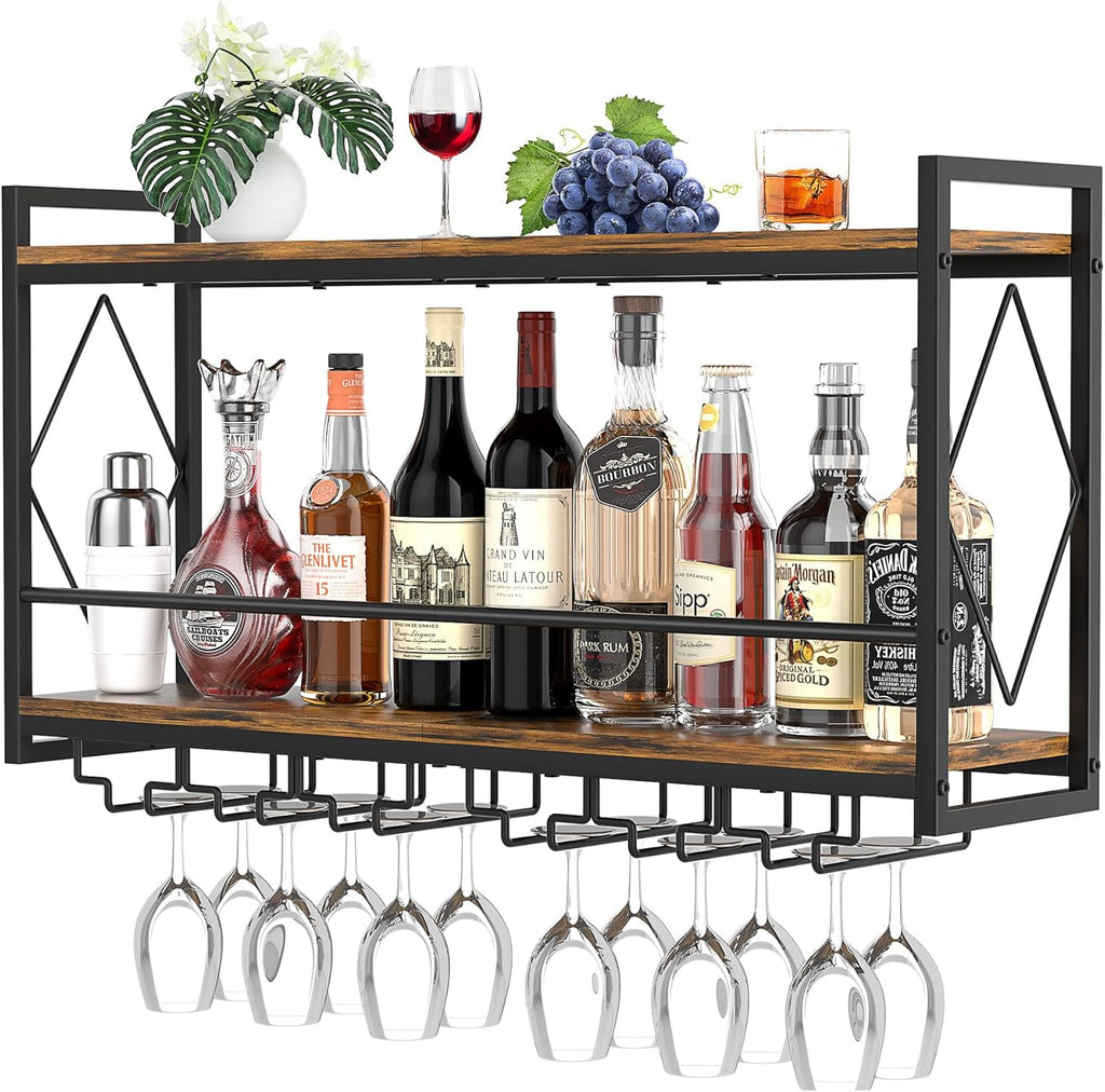 Wall Mounted Wine Rack with LED Light, 31.5" Bar Liquor Shelves with Glass Holder, Metal Hanging Bar Shelves Wine Storage Rack Display for Kitchen Home Bar Dining Room Living Room