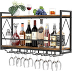 Wall Mounted Wine Rack with LED Light, 31.5" Bar Liquor Shelves with Glass Holder, Metal Hanging Bar Shelves Wine Storage Rack Display for Kitchen Home Bar Dining Room Living Room