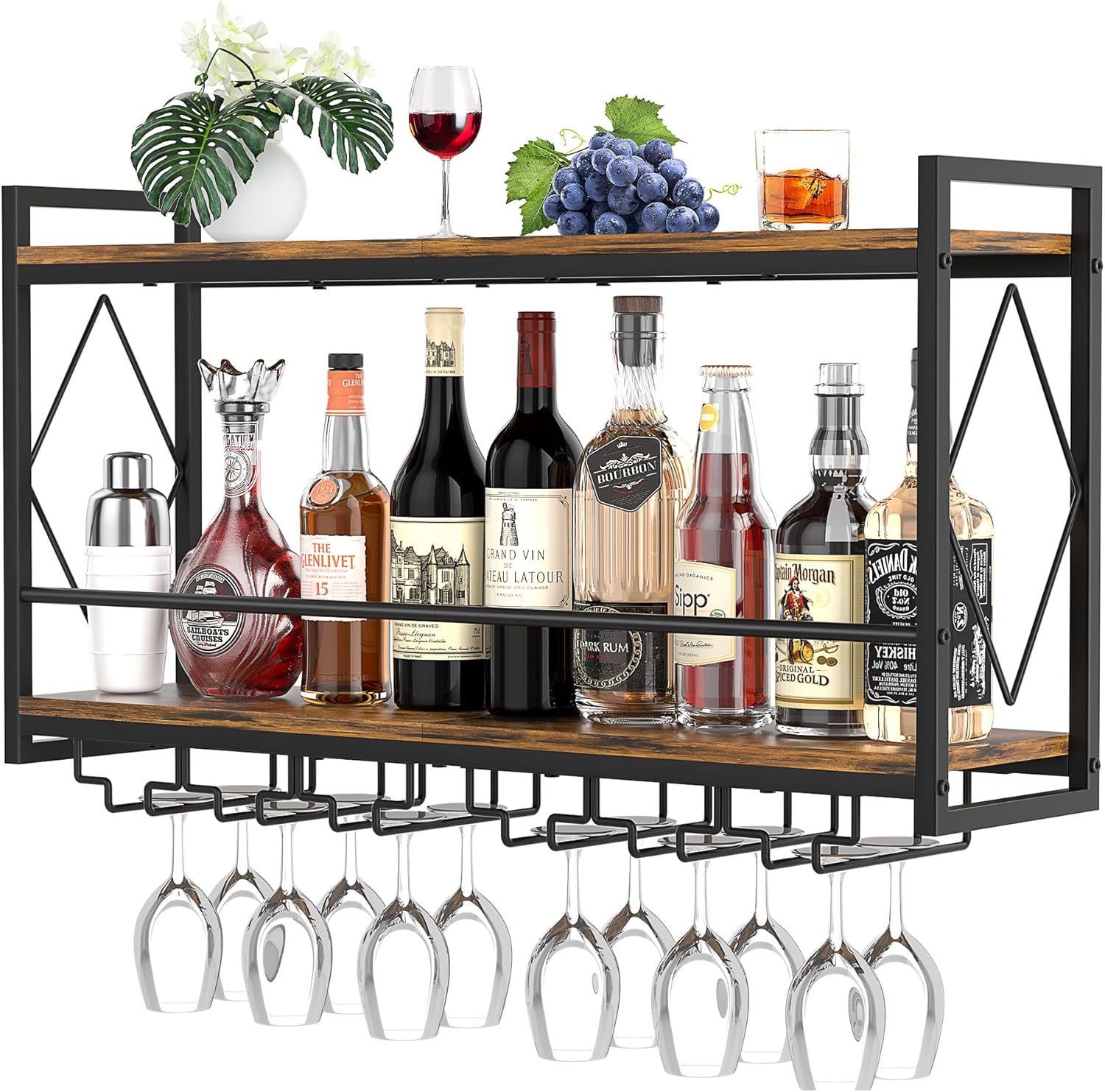 Wall Mounted Wine Rack with LED Light, 31.5" Bar Liquor Shelves with Glass Holder, Metal Hanging Bar Shelves Wine Storage Rack Display for Kitchen Home Bar Dining Room Living Room