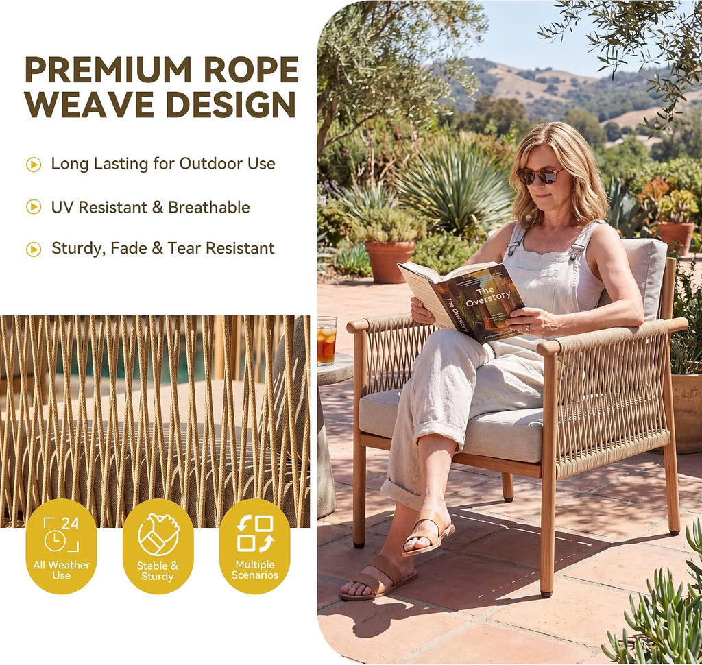 Outdoor Accent Chair, Patio Lounge Chair Set of 2, Hand-Woven Rope with Waterproof Cushions, All-Weather Patio Accent Chairs for Garden, Balcony, Poolside, Grey+Mocha Rope