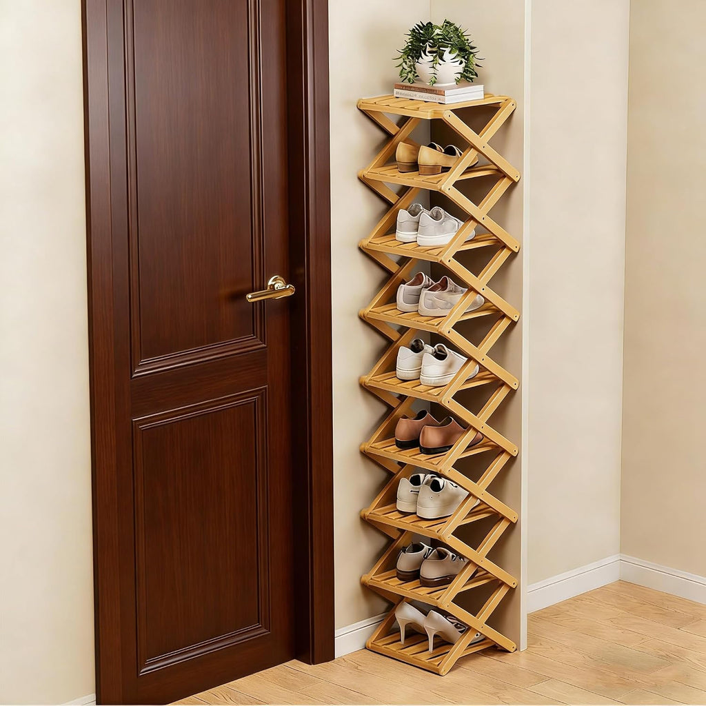 The 9-Tier No-Assembly Bamboo Rack, 2-9 Foldable Tier Bamboo Rack, Space-Saving Organizer for Shoes, No Assembly Narrow Shoe Shelf for Entryway Closet Dorm (Natural, 9 Layers)