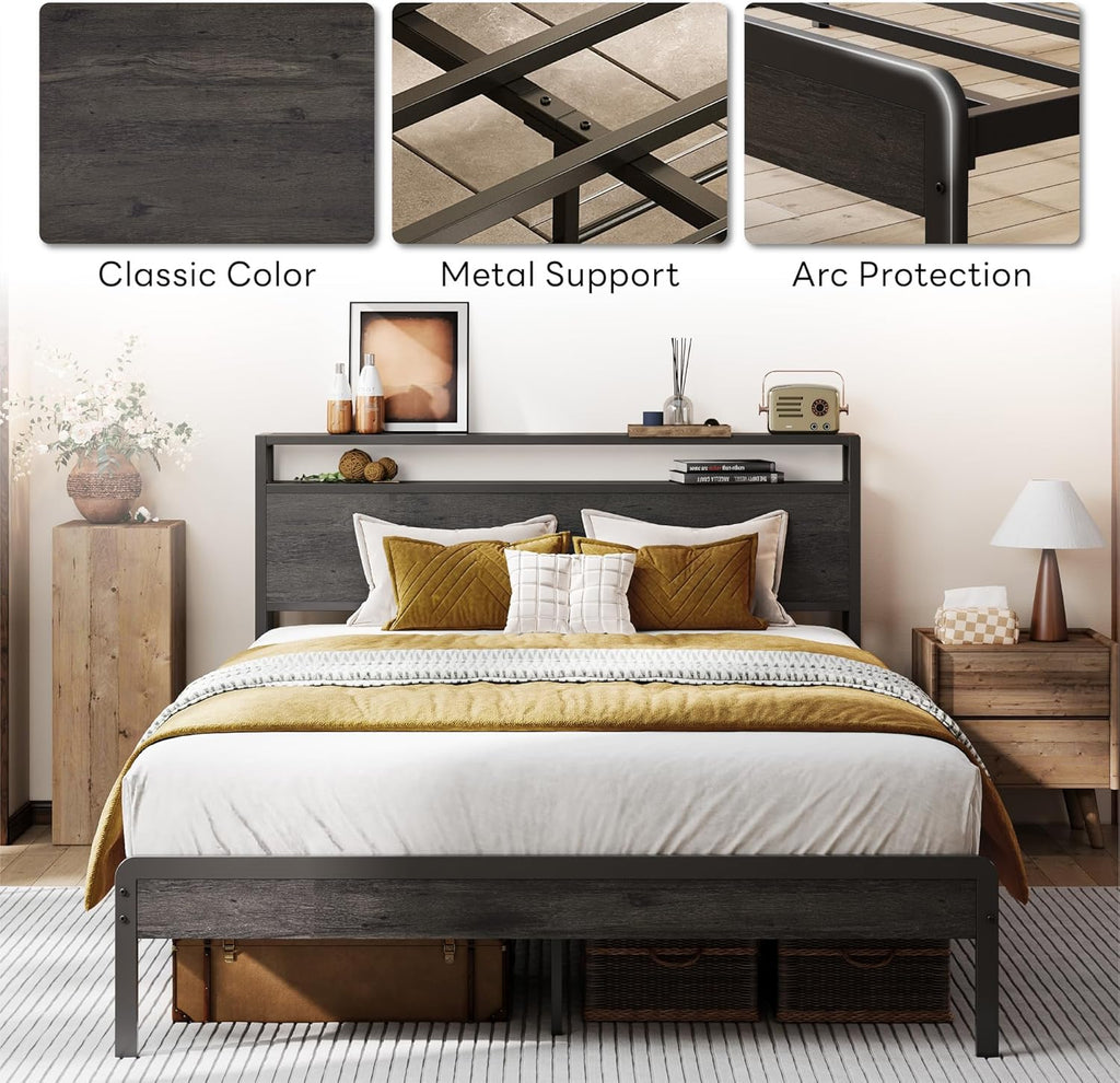 LIKIMIO Full Bed Frame with Headboard, Dark Wood Camas Full with Strong Supports, Sturdy, Noise-Free, No Box Spring Needed, Grey