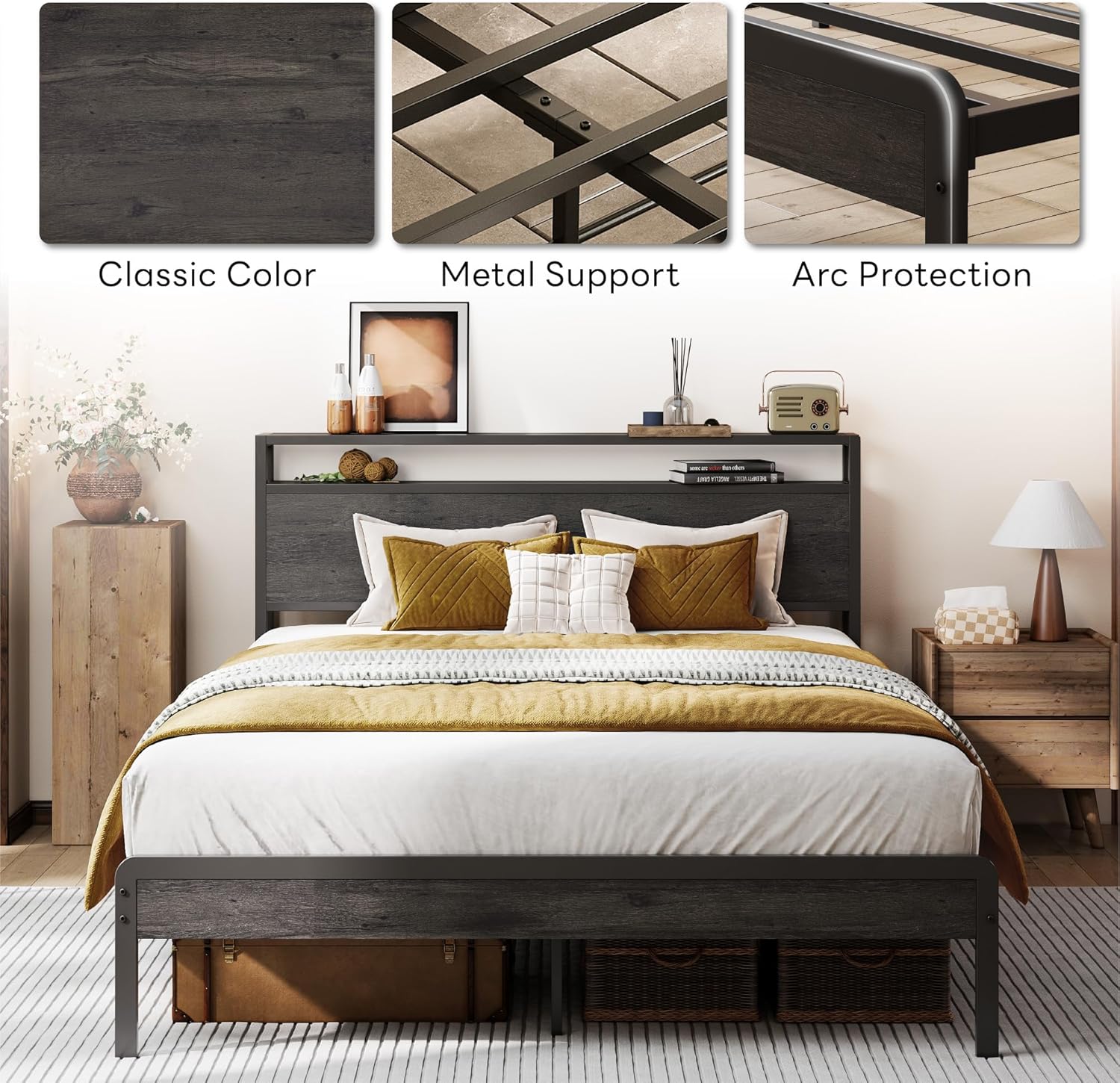 LIKIMIO Full Bed Frame with Headboard, Dark Wood Camas Full with Strong Supports, Sturdy, Noise-Free, No Box Spring Needed, Grey