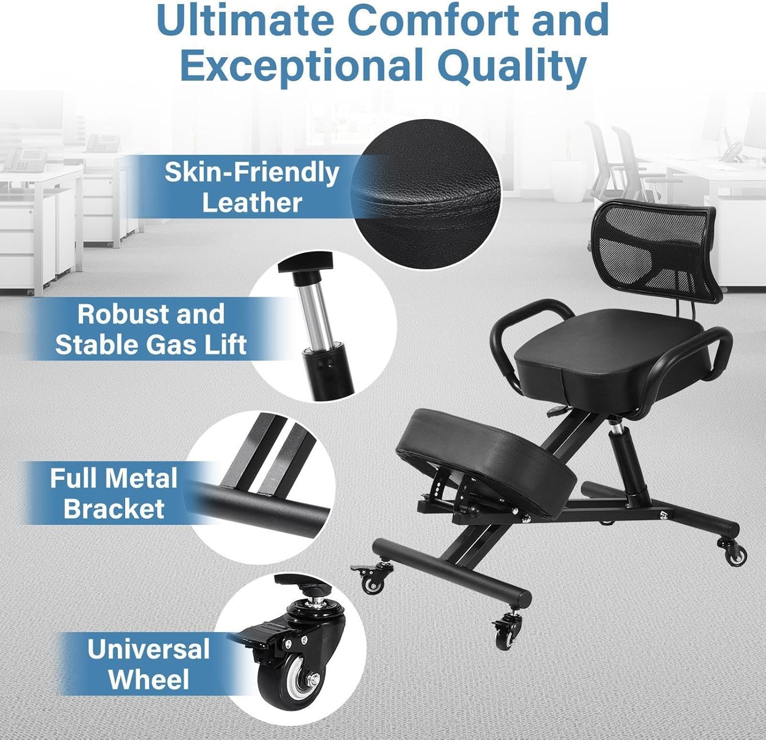 Ergonomic Kneeling Chair with Back Support, Ergonomic Kneeling Tool with Brake and Smooth Gliding Casters, Adjustable Stool for Home and Office, Postures Chair