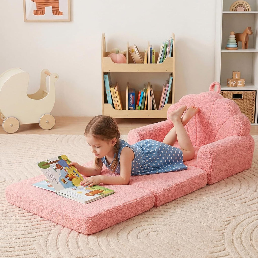 Costzon Convertible Kids Couch, 2-in-1 Soft Fold Out Toddler Couch Chair with Fabric Cover for Boys Girls, Toddler Chair Comfy, Kids Furniture for Playroom, Gift for Birthday, Christmas (Shell,Pink)