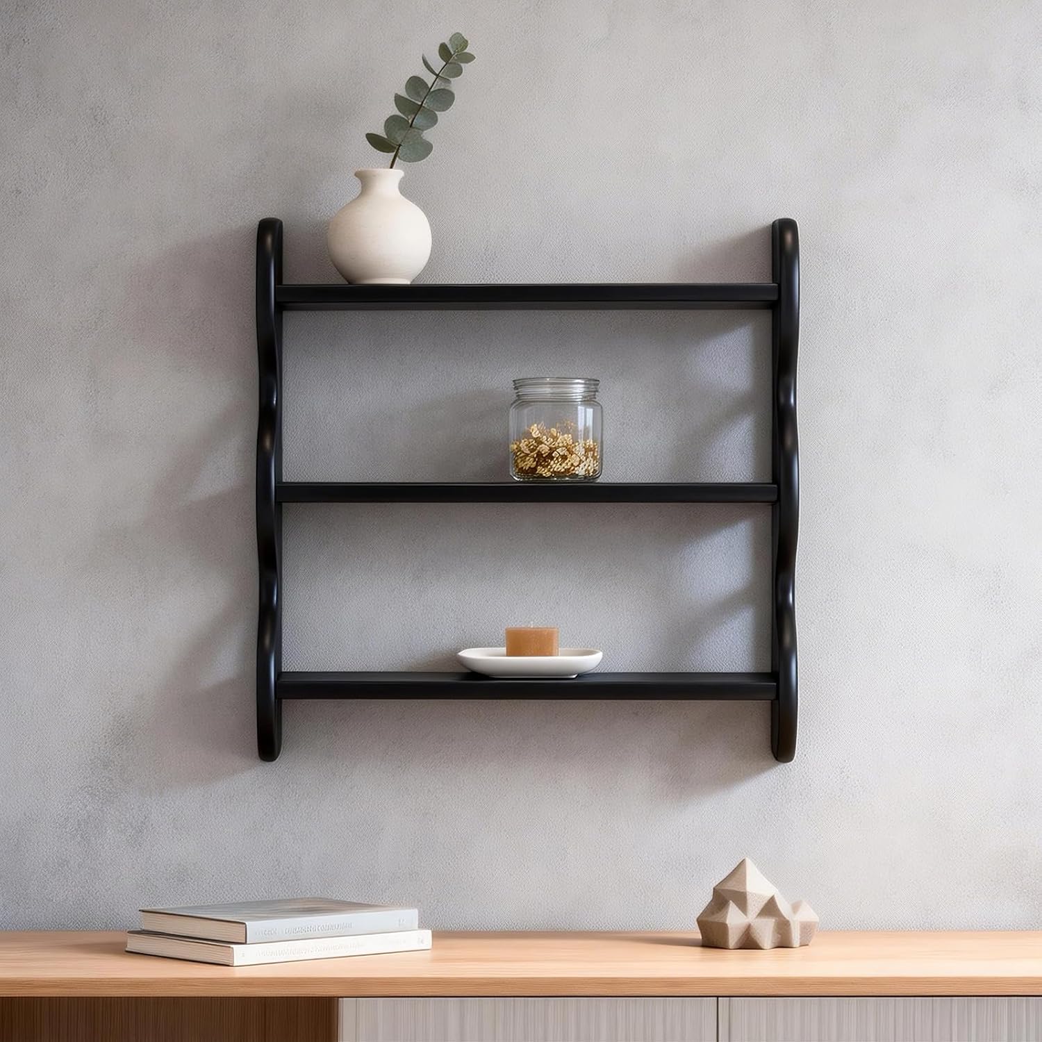 Drink Table,Solid Wood Floating Shelf, Vintage Wall Shelves Wall Mounted Storage Rack 3-Tier,Rattan Round Small Side Table for Small Spaces