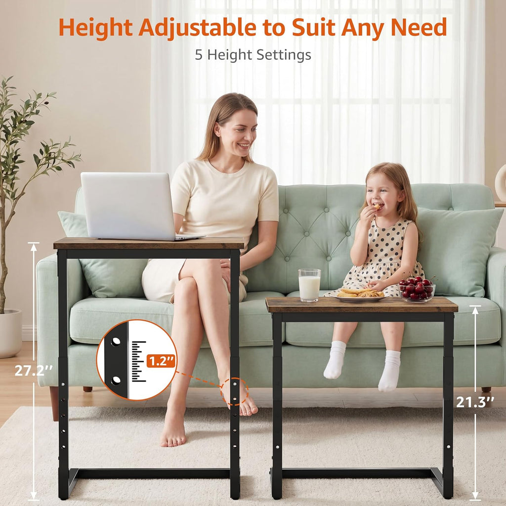 5-Level Adjustable C Side Table - End Table Living Room Bedroom Indoor Small C Shaped Couch Tray Desk, Farmhouse Brown