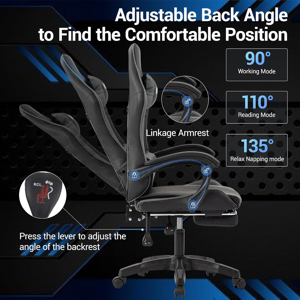 Ergonomic Gaming Chair with Footrest, Grey Black Video Game Chair w/Adjustable Headrest & Lumbar Support for Adults Kids, 360° Swivel for Home Office Bedroom Gaming Room, Grey&Black