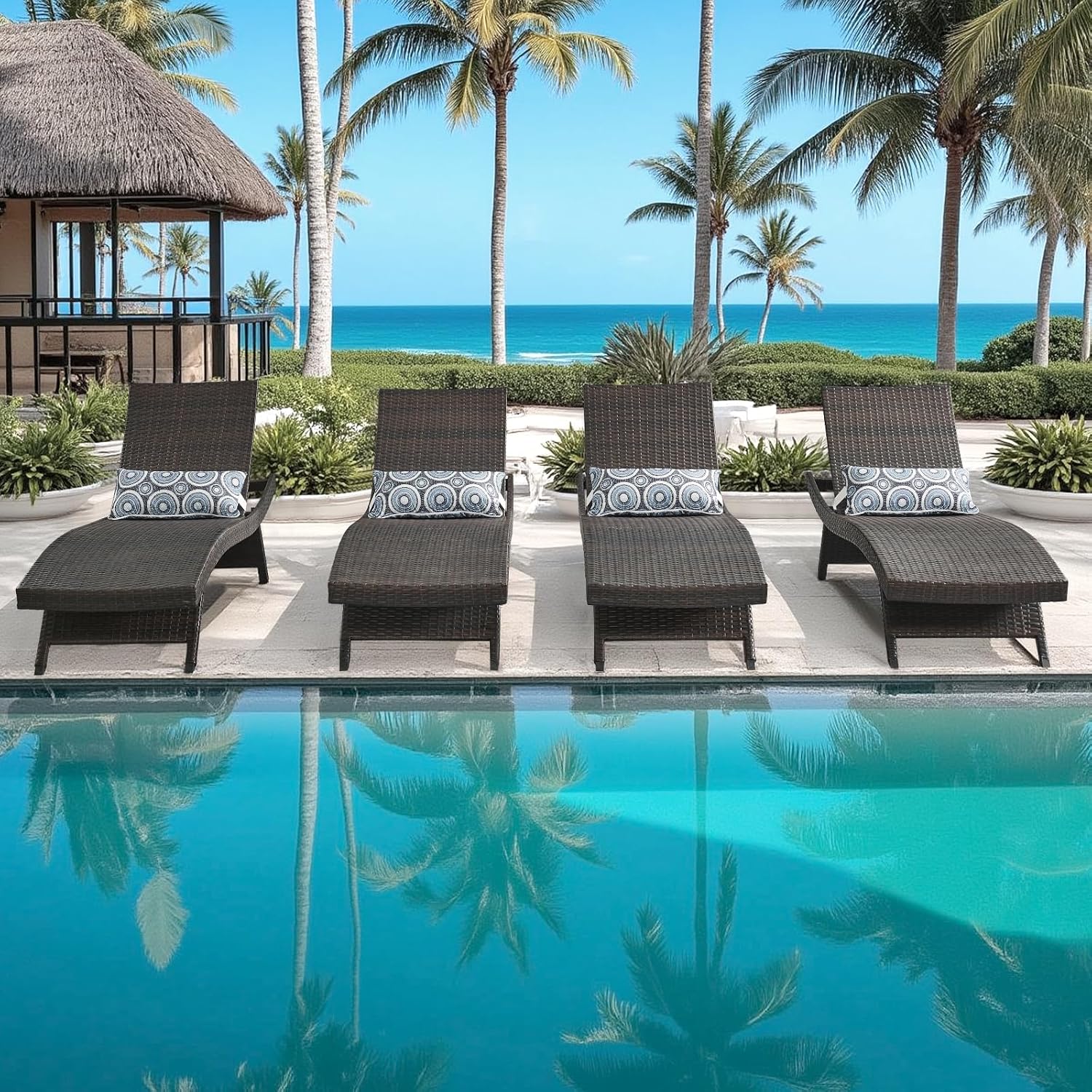 79'' Long Reclining Chair Set of 4 with Cushions, Adjustable Patio Chaise Lounge Chair, Outdoor Wicker Lounge Chair, PE Rattan Lawn Sunbathing for All Weather, Beach Poolside Garden Backyard, Brown