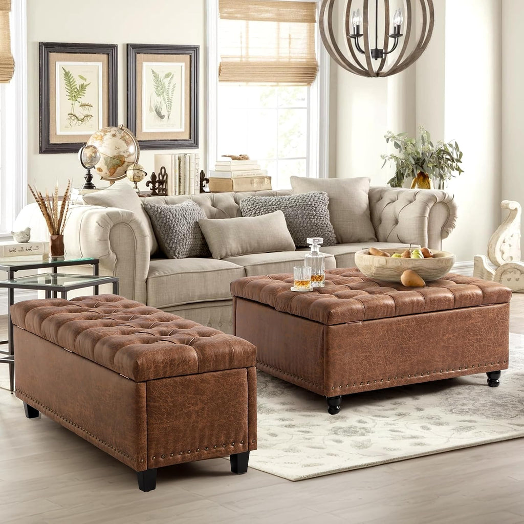 Grepatio Storage Ottoman Bench for Bedroom - 51" Tufted End of Bed Storage Benches with Foot - Upholstered End of Bed Bench - Large Rectangular Bed Ottoman Benches for Living Room Bedroom (Brown)